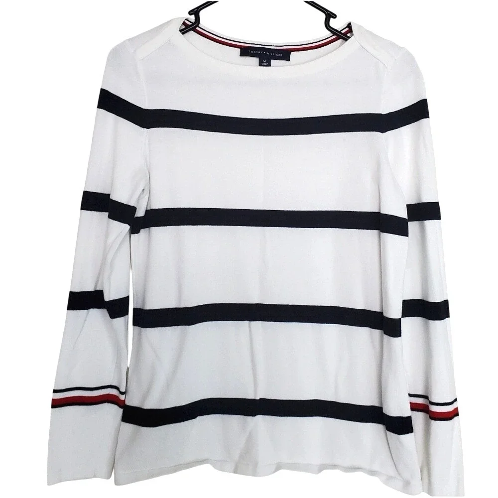 Tommy Hilfiger Nautical White Navy Stripe Long Sleeve Sweater Classy Top Size SP